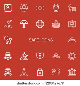 Editable 22 safe icons for web and mobile. Set of safe included icons line Auction, Protection, Money, Stun gun, Room service, Collision, Umbrella, Lifesaver on red background