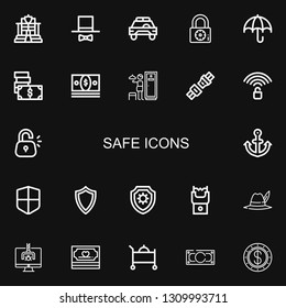 Editable 22 safe icons for web and mobile. Set of safe included icons line Police, Hat, Safety car, Padlock, Umbrella, Money, Lockers, Seat belt, Unlocked on black background