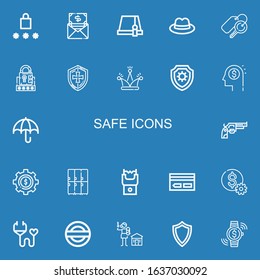 Editable 22 safe icons for web and mobile. Set of safe included icons line Password, Money, Hat, Keys, Shield, Umbrella, Revolver, Dollar, Lockers, Stun gun on blue background