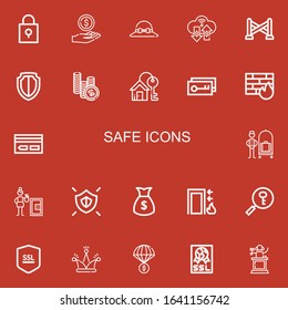 Editable 22 safe icons for web and mobile. Set of safe included icons line Padlock, Money, Hat, Police line, Shield, House key, Key, Firewall, Key card, Bellhop on red background