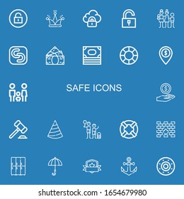 Editable 22 safe icons for web and mobile. Set of safe included icons line Unlock, Hat, Security, Family, Safecopy backup, Money, Lifesaver, Auction, Firewall on blue background