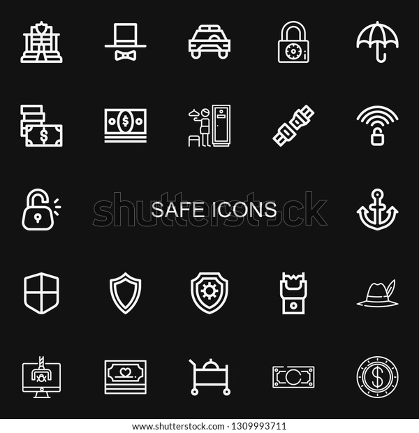 Editable 22 safe icons\
for web and mobile. Set of safe included icons line Police, Hat,\
Safety car, Padlock, Umbrella, Money, Lockers, Seat belt, Unlocked\
on black background