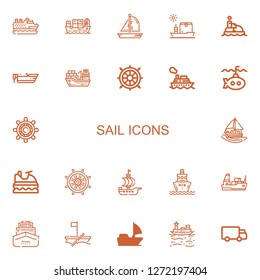 Editable 22 sail icons for web and mobile. Set of sail included icons line Cruise, Cargo ship, Boat, Ship, Jet ski, Helm, Submarine, Sailing boat, Rudder, Sail boat on white background