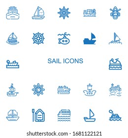 Editable 22 sail icons for web and mobile. Set of sail included icons line Ship, Boat, Ship wheel, Cargo ship, Lifeboat, Sailing boat, Helm, Submarine, Sail boat on white background