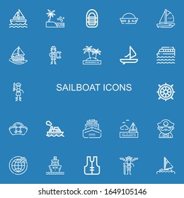 Editable 22 sailboat icons for web and mobile. Set of sailboat included icons line Sailboat, Sea, Inflatable boat, Sailor hat, Boat, Sailing boat, Pirate, Island on blue background