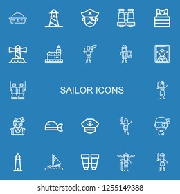Editable 22 sailor icons for web and mobile. Set of sailor included icons line Sailor hat, Lighthouse, Pirate, Binoculars, Sailor, Captain, Sail, Pirates on blue background