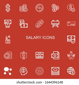 Editable 22 salary icons for web and mobile. Set of salary included icons line Dollar, Coins, Coin, Money, Buck, Cheque, Videocall on red background