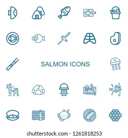 Editable 22 salmon icons for web and mobile. Set of salmon included icons line Fish, Onigiri, Ribs, Meat, Jellyfish, Sushi, Mussel, Caviar on white background