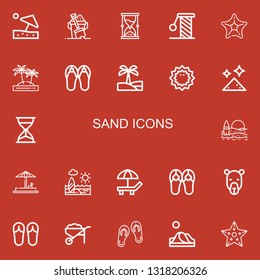 Editable 22 sand icons for web and mobile. Set of sand included icons line Beach umbrella, Sand, Hourglass, Scratching, Starfish, Island, Sandals, Oasis, Sea urchin on red background