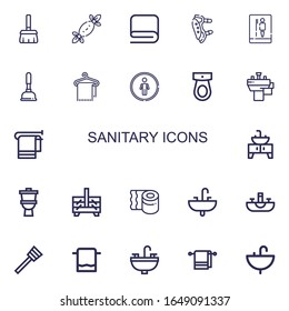Bearbeitbar 22 Sanitärsymbole für Web und Mobile. Set Ssanitär inklusive Ikonen Linie Broom, Gewebe, Handtuch, Pads, Toilette, Plunger, Ruheraum, Waschbecken, Sink, Schaukasten auf weißem Hintergrund