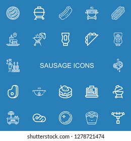 Editable 22 sausage icons for web and mobile. Set of sausage included icons line Barbecue, Bbq, Hot dog, Grill, Fast food, Ketchup, Sandwich, Churrasco, Butcher on blue background