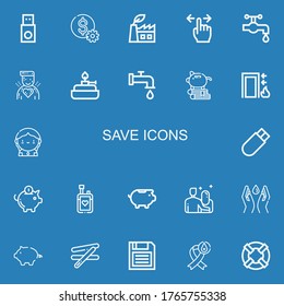 Bearbeitbar 22 speichern Icons für Web und Mobile. Set mit eingesparten Symbolen: Usb, Dollar, grüne Energie, Taps, Wassertappe, Donor, Brenner, Schweine Bank, Ausgang, Blutspende auf blauem Hintergrund