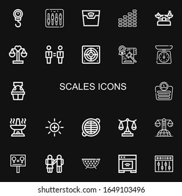Editable 22 scales icons for web and mobile. Set of scales included icons line Scale, Equalizer, Balance, Equality, Extractor, Law, Witness, Oven, Grate on black background