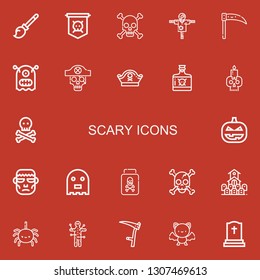 Editable 22 scary icons for web and mobile. Set of scary included icons line Broomstick, Jolly roger, Skull, Scarecrow, Scythe, Monster, Pirate hat, Poison, Pumpkin on red background