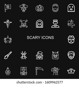 Editable 22 scary icons for web and mobile. Set of scary included icons line Pirate flag, Skull, Pumpkin, Fangs, Ghost, Scarecrow, Death, Monster, Voodoo, Spider on black background