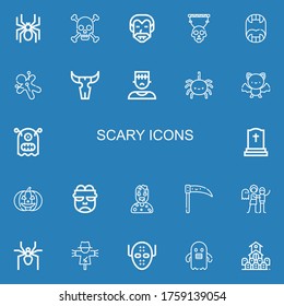 Editable 22 scary icons for web and mobile. Set of scary included icons line Spider, Skull, Dracula, Fangs, Voodoo, Monster, Bat, Tombstone, Pumpkin, on blue background