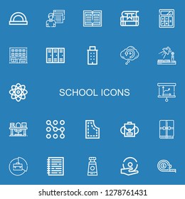 Editable 22 school icons for web and mobile. Set of school included icons line Protractor, Student, Book, Books, Calculator, Building, Lockers, Retrocognition on blue background