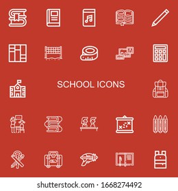 Editable 22 school icons for web and mobile. Set of school included icons line Book, Audiobook, Pencil, Books, Volley, Measuring tape, Bookshelf, Calculator on red background