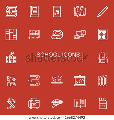 Editable 22 school icons for web and mobile. Set of school included icons line Book, Audiobook, Pencil, Books, Volley, Measuring tape, Bookshelf, Calculator on red background