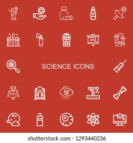 Editable 22 science icons for web and mobile. Set of science included icons line Blood donation, Chips, Medicine, Satellite, Chemistry, Oxygen, Virus, Blackboard on red background