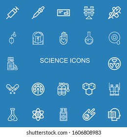 Editable 22 science icons for web and mobile. Set of science included icons line Syringe, Pipette, Medicine, Tubes, Needle, Breathing, Brainstorm, Blood donation on blue background