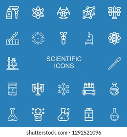 Editable 22 scientific icons for web and mobile. Set of scientific included icons line Tube, Atom, Biohazard, Cells, Test tube, Pipette, Platelet, Microscope on blue background