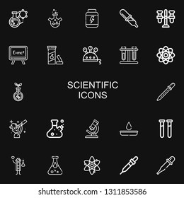 Editable 22 scientific icons for web and mobile. Set of scientific included icons line Flask, Proteins, Pipette, Test tube, Formula, Vitamin c, Science, Test tubes on black background