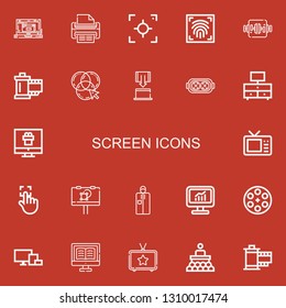 Editable 22 screen icons for web and mobile. Set of screen included icons line Laptop, Print, Focus, Fingerprint scan, Work table, Reel, Rgb, Tablet, Augmented reality on red background