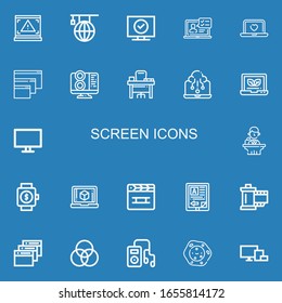 Editable 22 screen icons for web and mobile. Set of screen included icons line Laptop, Learning, Television, Browser, Computer, Desk, Conference, Smartwatch on blue background