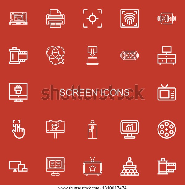 Editable 22\
screen icons for web and mobile. Set of screen included icons line\
Laptop, Print, Focus, Fingerprint scan, Work table, Reel, Rgb,\
Tablet, Augmented reality on red\
background