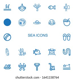 Editable 22 sea icons for web and mobile. Set of sea included icons line Swim, Aqualung, Palm tree, Fish, Surfing, Swimming pool, Prawn, Pamela, Sea lion, Coconut on white background