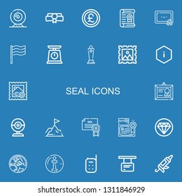 Editable 22 seal icons for web and mobile. Set of seal included icons line Webcam, Diploma, Pound, Certificate, Certification, Germany, Scale, Award, Stamp on blue background