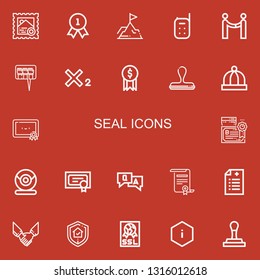 Editable 22 seal icons for web and mobile. Set of seal included icons line Stamp, Quality, Achievement, Baby monitor, Agreement, Question, Subscript, Award, Baby hat on red background