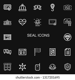 Editable 22 seal icons for web and mobile. Set of seal included icons line Certificate, Baby hat, Banner, Scale, Iso, Award, Germany, Seal, Certification, Stamp on black background