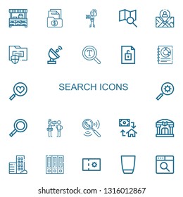 Editable 22 search icons for web and mobile. Set of search included icons line Store, Folder, Explorer, Search, Position, Radar, Font, File, Business, Favorites on white background