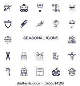 Editable 22 seasonal icons for web and mobile. Set of seasonal included icons line Wheelbarrow, Pumpkin, Rake, Fireworks, Acorn, Umbrella, Rain, Posion, Scarecrow on white background