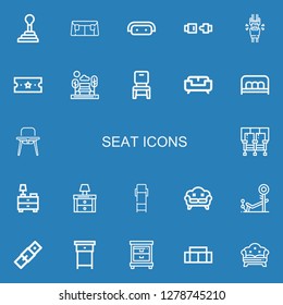 Editable 22 seat icons for web and mobile. Set of seat included icons line Gearshift, Sofa, Seat belt, Seatbelt, Ticket, Bench, Chair, Baby chair, Seats, Nightstand on blue background