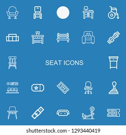 Editable 22 seat icons for web and mobile. Set of seat included icons line Armchair, Chair, Sofa, Nightstand, Wheelchair, Bench, Seat belt, Waiting room, Ticket on blue background