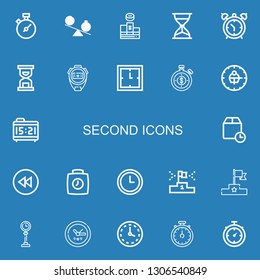 Editable 22 second icons for web and mobile. Set of second included icons line Chronometer, Time, Podium, Hourglass, Alarm clock, Stopwatch, Clock, Wait time on blue background