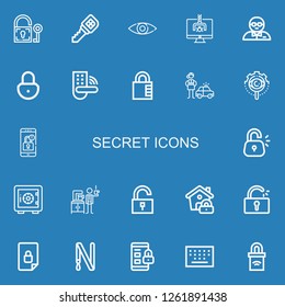 Editable 22 secret icons for web and mobile. Set of secret included icons line Padlock, Key, View, Hacker, Bodyguard, Detective, Locked, Lock, Safe deposit on blue background