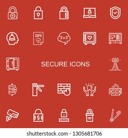 Editable 22 secure icons for web and mobile. Set of secure included icons line Padlock, Login, Shield, Alert, GDPR, Problem, Strongbox, Cctv, Safebox, Antenna on red background