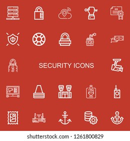 Editable 22 security icons for web and mobile. Set of security included icons line Server, Padlock, Cloud, Key, Certificate, Shield, Lifesaver, Lock, Dynamite on red background