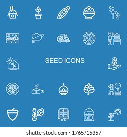 Editable 22 seed icons for web and mobile. Set of seed included icons line Rice, Plant, Peas, Gardener, Farm, Soil, Tractor, Hummus, Greenhouse, Sprout, Tofu on blue background