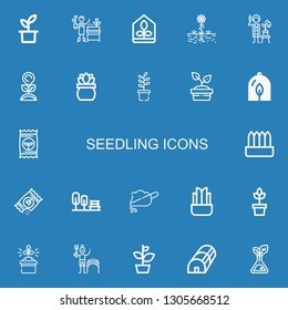 Editable 22 seedling icons for web and mobile. Set of seedling included icons line Plant, Gardener, Greenhouse, Seed, Seeds, Garden, Soil, Gardening on blue background