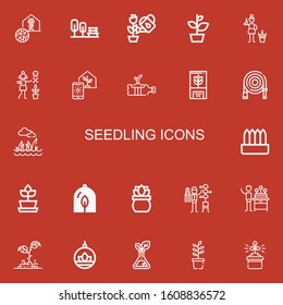 Editable 22 seedling icons for web and mobile. Set of seedling included icons line Greenhouse, Garden, Plant, Gardener, Water hose, Lawn, Gardening on red background