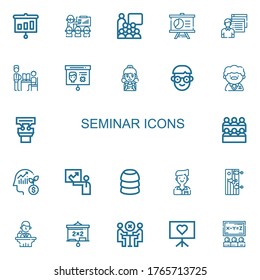 Editable 22 seminar icons for web and mobile. Set of seminar included icons line Presentation, Conference, Student, Teacher, Classroom, Employee, Training on white background