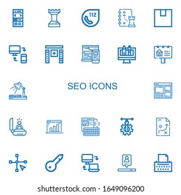 Editable 22 seo icons for web and mobile. Set of seo included icons line Landing page, Strategy, Packing, Responsive, Software, Web design, Advertisement on white background