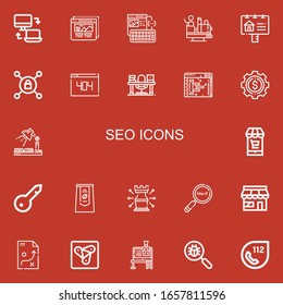 Editable 22 seo icons for web and mobile. Set of seo included icons line Responsive, Wireframe, Attraction, Advertisement, Vpn, , Study, Clean code, Development on red background
