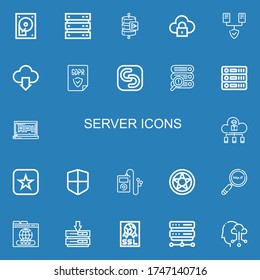 Editable 22 server icons for web and mobile. Set of server included icons line Hard disc, Server, Send data, Cloud computing, Servers, GDPR, Safecopy backup on blue background
