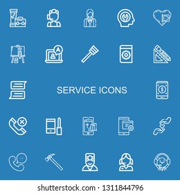 Editable 22 service icons for web and mobile. Set of service included icons line Pipe, Call center, Waitress, Fixed, Donation, Painting, Chat, Plunger, Manual on blue background